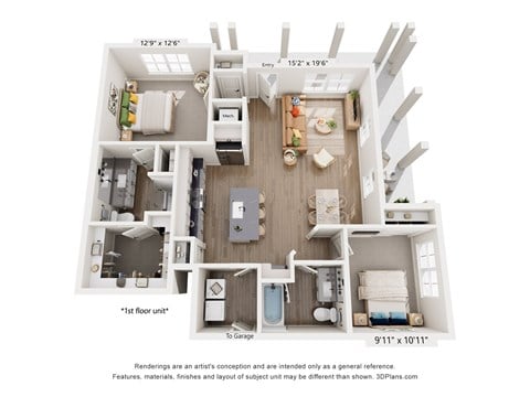 Floor plan for 2 beds, 2 baths, 1121 sqft